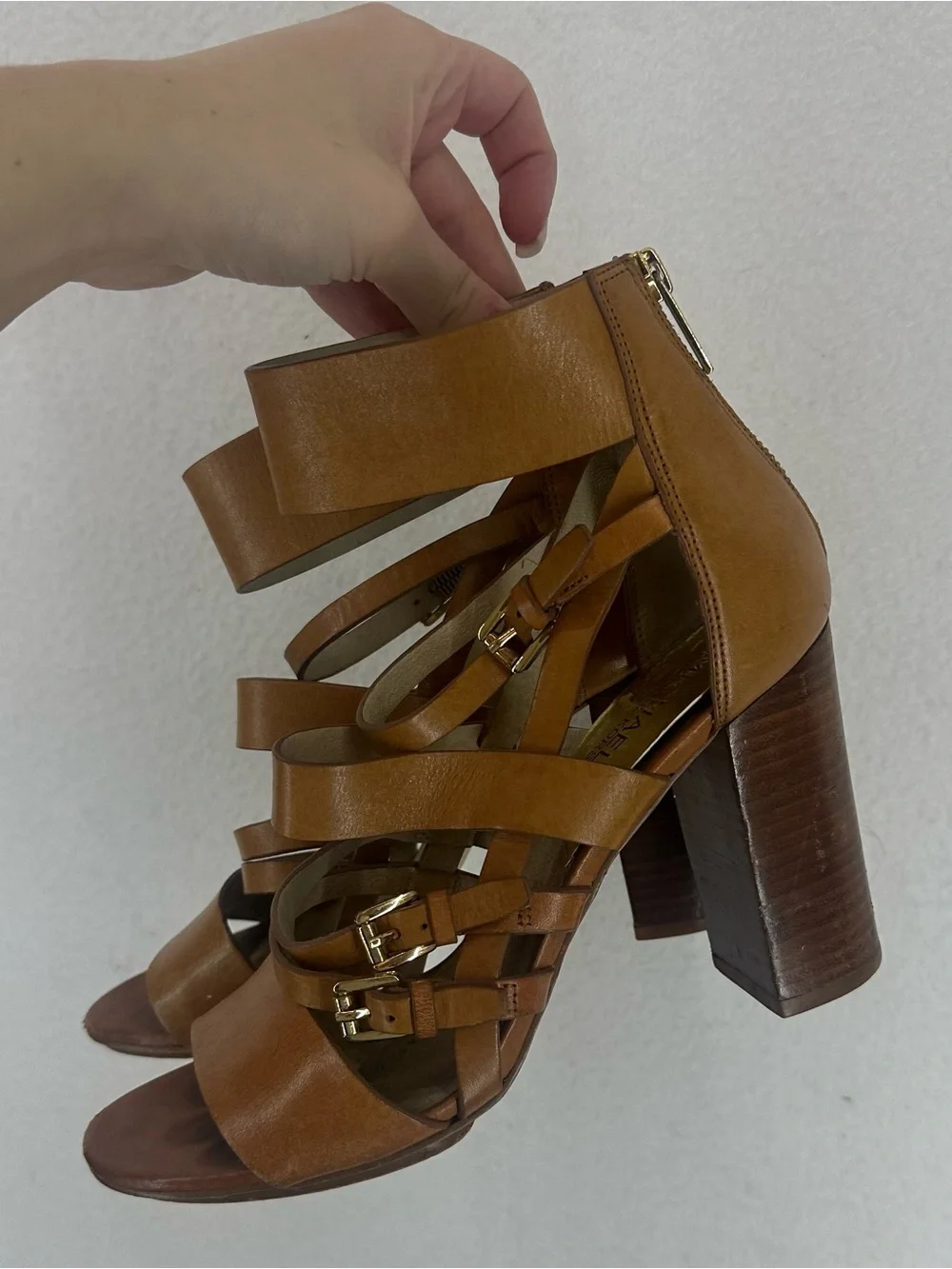 Michael Kors Women’s Brown Leather Strappy Block Heel Sandals Size 8.5 Zip